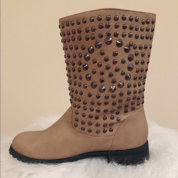 Studded Tan Mid-Calf Boots - Picture 2 of 12